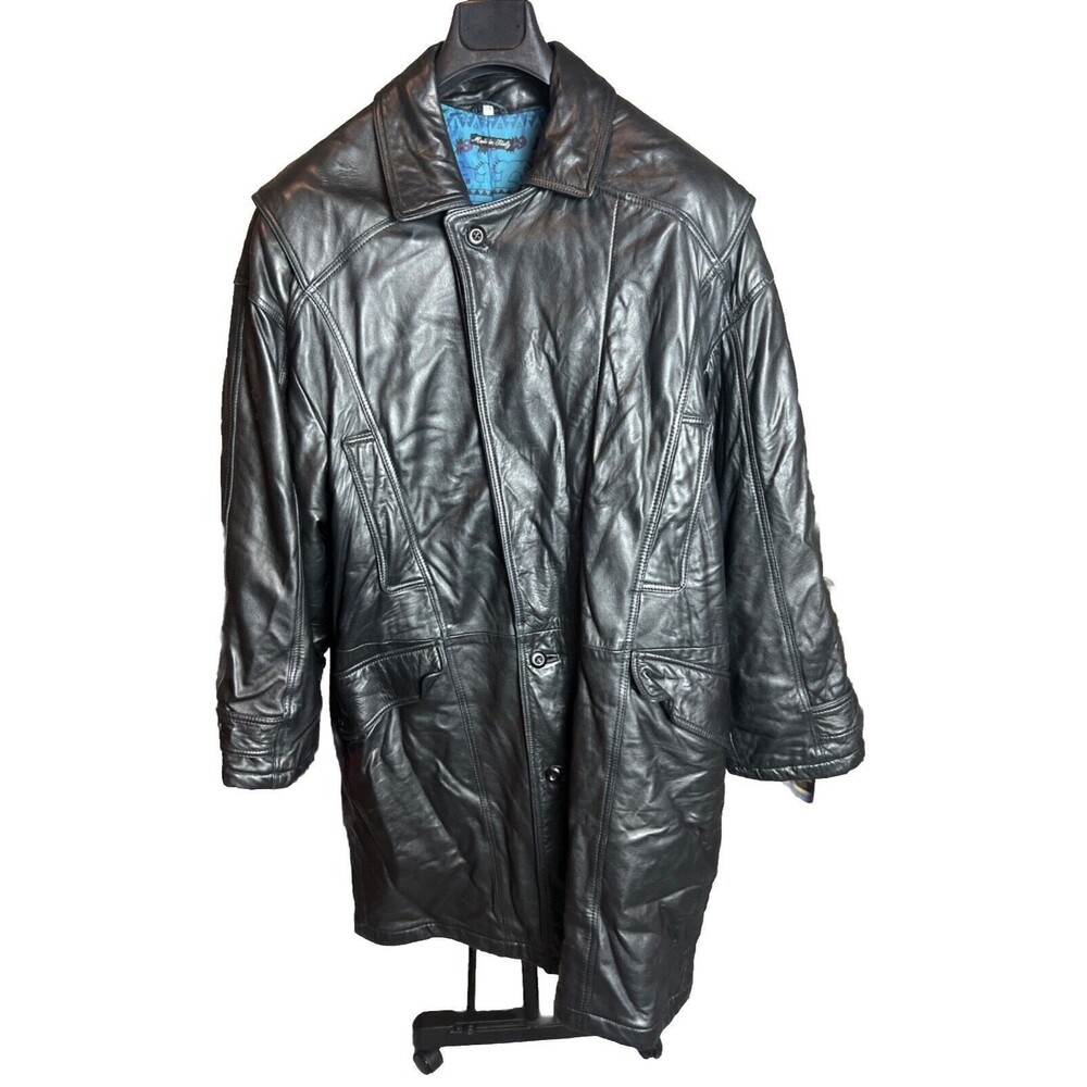 VTG Dressco Black Leather Trench Coat Jacket SZ US 44 Made In Italy  Overcoat